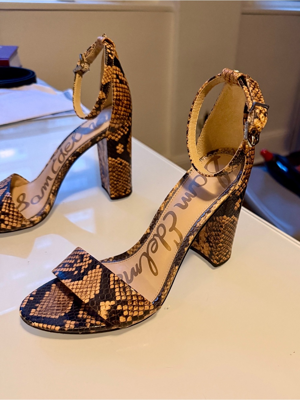 Sam Edelman Snake-Print Ankle Strap Block Heels in Tan and Black